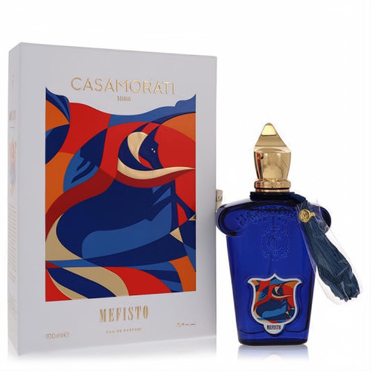 Luxurious Mefisto by Xerjoff men's blue glass perfume bottle, gold cap, tassel, and vibrant abstract art box.