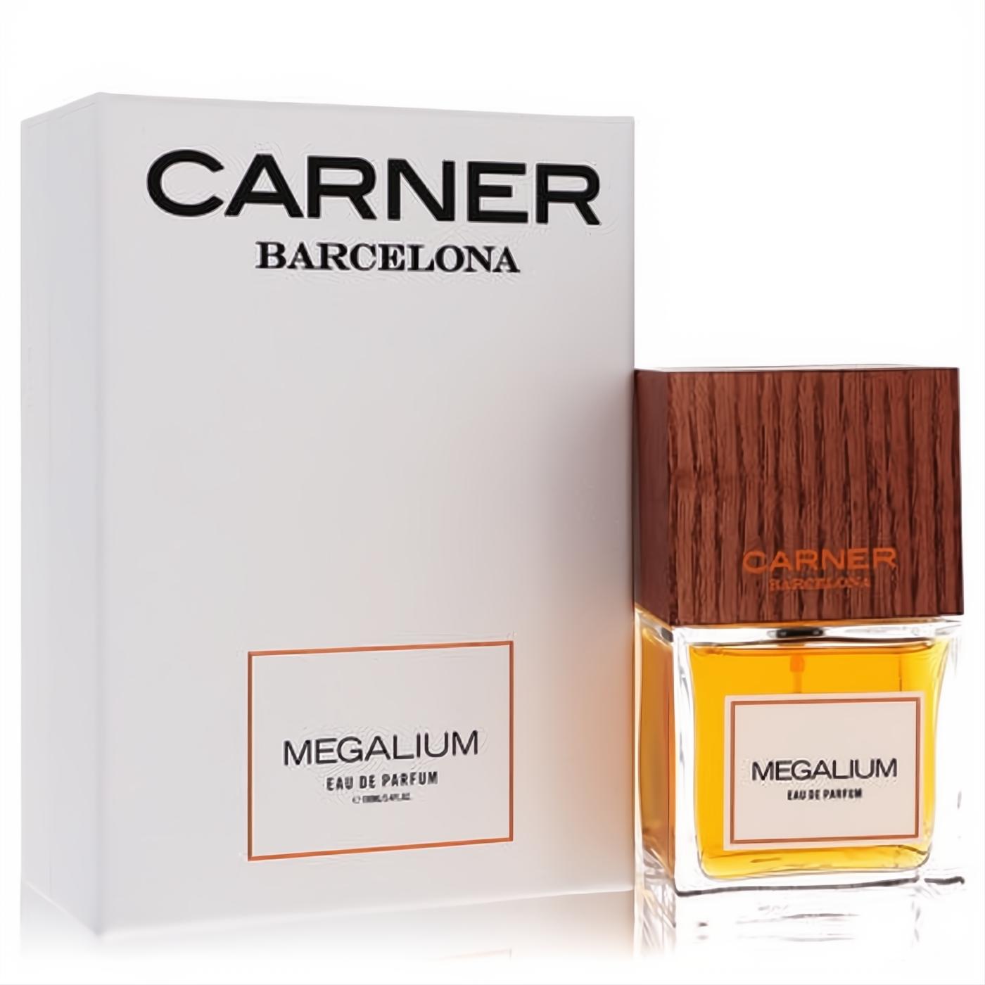 Carner Barcelona Megalium 3.4 oz unisex EDP spray. Clear bottle with golden liquid, dark wood cap, and elegant white box.