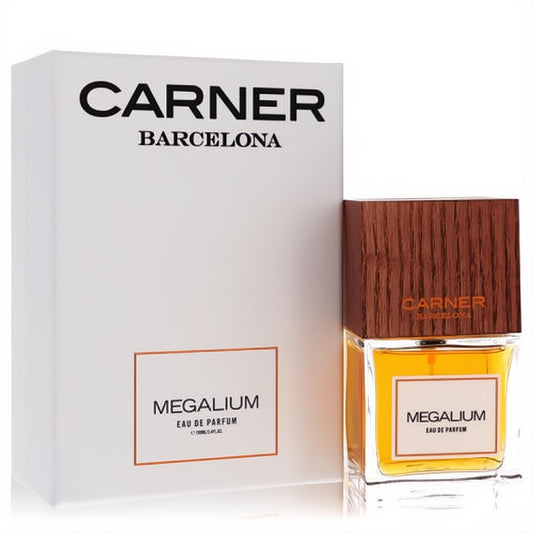Carner Barcelona Megalium 3.4 oz unisex EDP spray. Clear bottle with golden liquid, dark wood cap, and elegant white box.