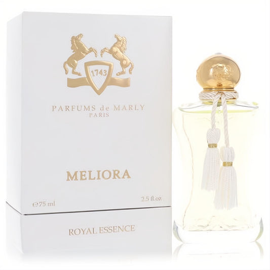 Elegant Meliora by Parfums de Marly 2.5 oz EDP, a clear glass bottle with luxurious gold cap and white tassels, beside its regal white and gold box.