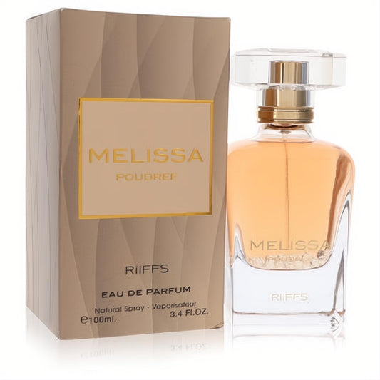 Melissa Poudree by Riiffs 3.4 oz EDP spray. Elegant amber perfume in a clear bottle with gold accents, next to its sophisticated beige box.