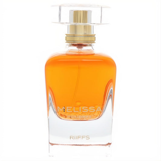 Melissa Poudree 3.4 oz women's perfume by Riiffs. Elegant clear glass bottle with vibrant orange liquid and gold cap.