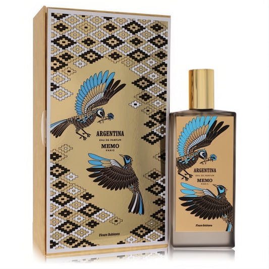 Elegant Memo Argentina 2.5 oz unisex perfume with frosted bottle and gold cap, featuring distinctive blue and black bird art on a luxurious gold box.