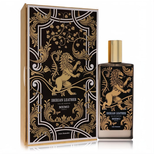 Experience Memo Iberian Leather 2.5 oz unisex EDP: sleek dark bottle, gold cap, and opulent black & gold lion box.