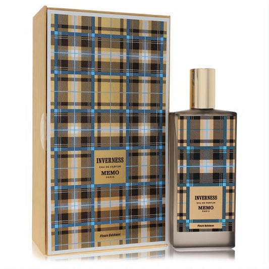 Sophisticated Memo Inverness 2.5 oz unisex EDP. Frosted bottle, gold cap, and distinctive brown, black, blue plaid box.