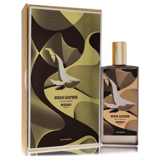 Memo Ocean Leather unisex fragrance: a sophisticated dark bottle with a golden whale motif and coordinating elegant box.