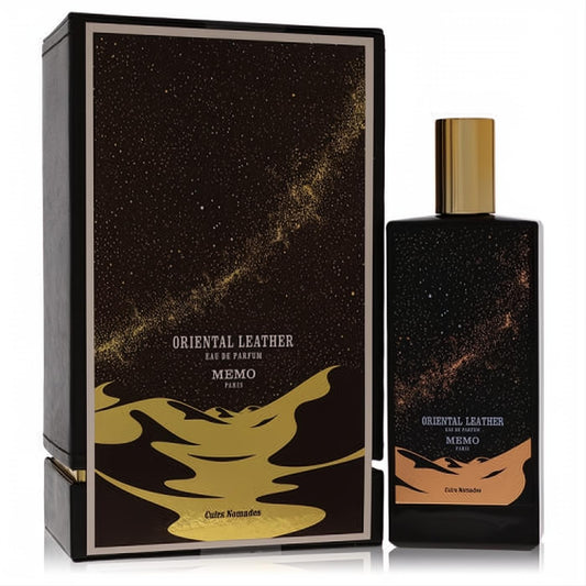 Luxurious Memo Oriental Leather 2.5 oz unisex EDP spray. Elegant black bottle and box with captivating gold desert and starry design.
