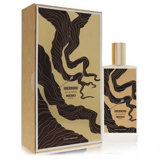 Memo Sherwood unisex eau de parfum. Striking gold bottle and box with a captivating dark wood grain design.