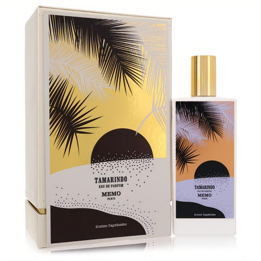 Memo Tamarindo 2.5 oz EDP bottle & box. Striking tropical sunset & palm tree design, luxurious gold cap."

Count:
M (1) e (2) m (3) o