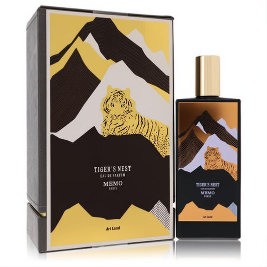 Memo Tiger's Nest 2.5 oz unisex EDP in a sleek black bottle with majestic gold tiger and mountain art.