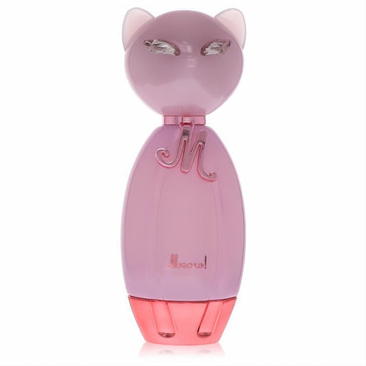 Playful lavender-pink Katy Perry Meow perfume bottle, shaped like a cat with sparkling gem eyes and an "M" charm.
