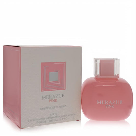 Merazur Pink 3.3 oz Eau De Parfum. Sleek pink bottle with clear cap, showcased with its elegant pink and white geometric box.