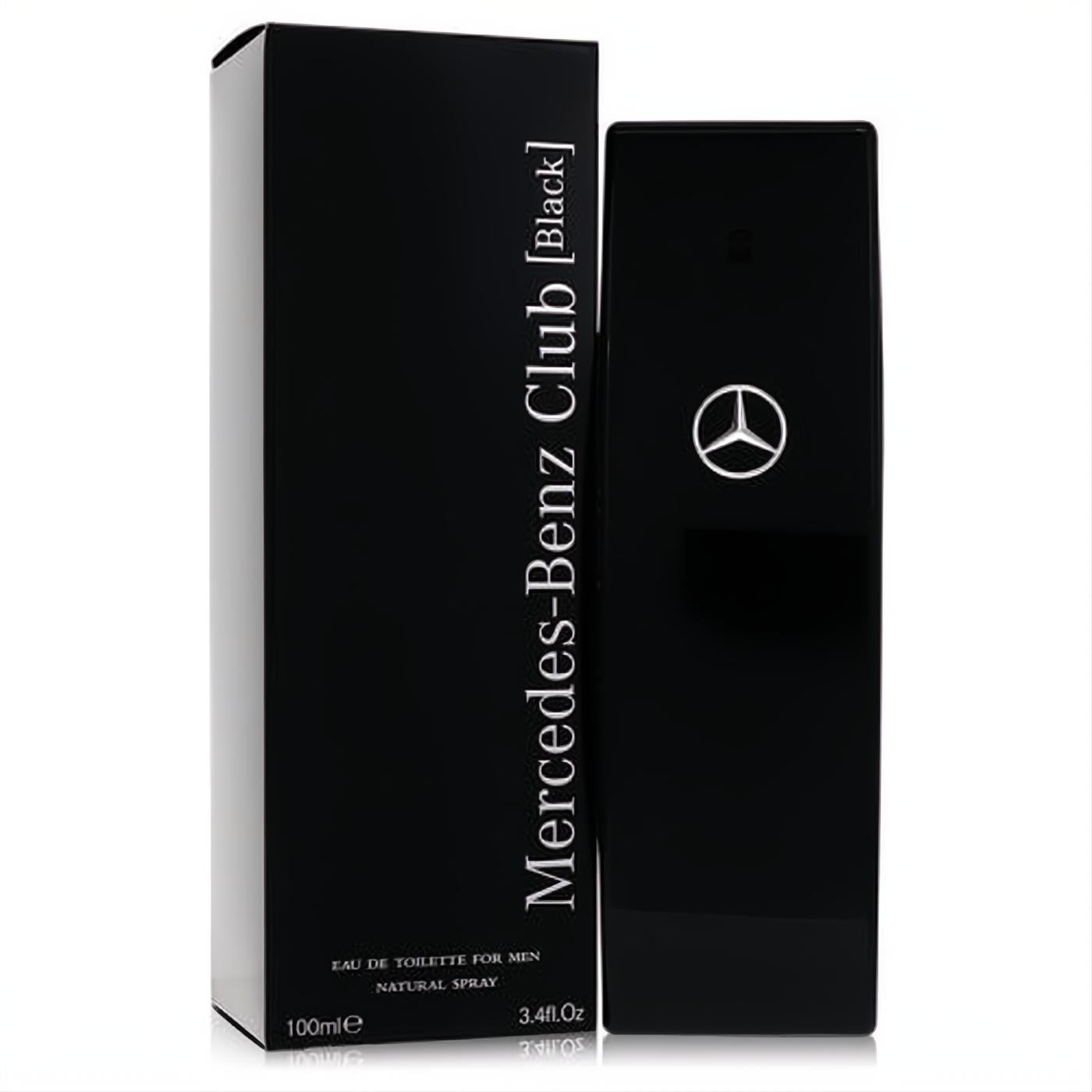 Sleek black Mercedes-Benz Club Black 3.4 oz Eau De Toilette bottle with silver logo and elegant matching box.