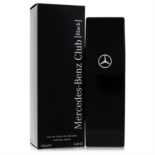 Sleek black Mercedes-Benz Club Black 3.4 oz Eau De Toilette bottle with silver logo and elegant matching box.