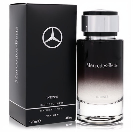 Mercedes-Benz Intense 4 oz EDT for men. Sophisticated black and silver bottle with iconic star logo, exuding luxury.