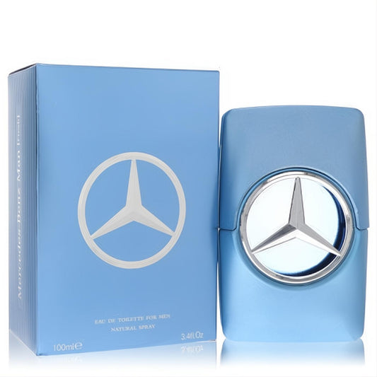 Elegant Mercedes Benz Man Fresh 3.4 oz EDT in a sleek light blue bottle with a prominent metallic star logo.