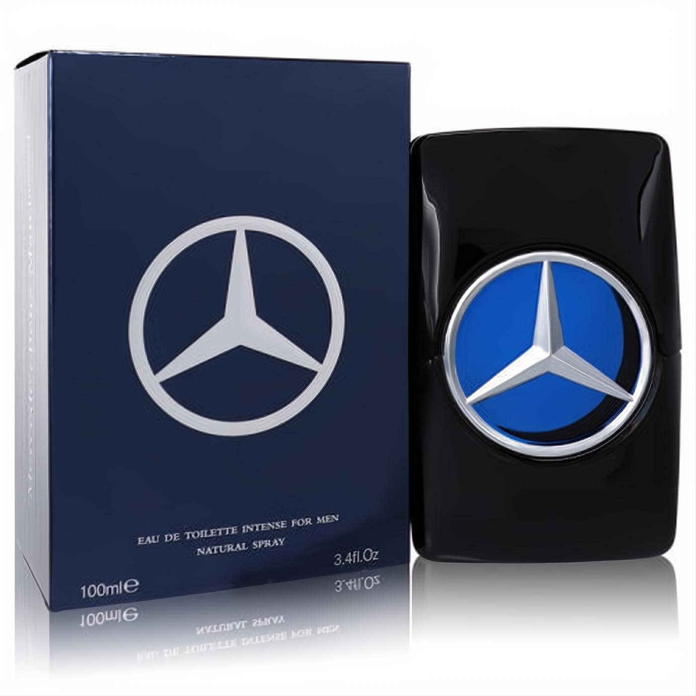 Mercedes Benz Man Intense 3.4 oz men's cologne. Bold black bottle with iconic silver star on blue, displayed with its sophisticated dark blue box.