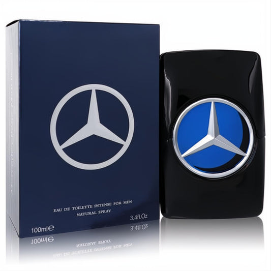 Mercedes Benz Man Intense 3.4 oz men's cologne. Bold black bottle with iconic silver star on blue, displayed with its sophisticated dark blue box.