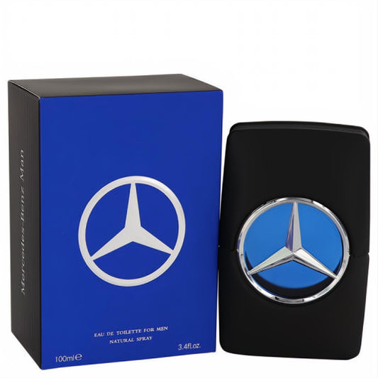 Mercedes Benz Man 3.4 oz EDT: sleek matte black bottle with silver star logo on blue, next to its royal blue box.