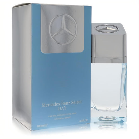 Mercedes-Benz Select Day 3.4 oz EDT for men. Clear bottle, iconic silver logo cap, and sleek blue box.