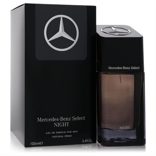Mercedes-Benz Select Night 3.4 oz men's Eau De Parfum. Dark, rectangular bottle with black cap, silver star logo, and sleek black box.
