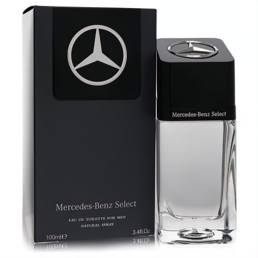 Mercedes-Benz Select 3.4 oz men's Eau De Toilette. Sleek clear glass bottle with black cap, iconic silver logo, and matte black box.