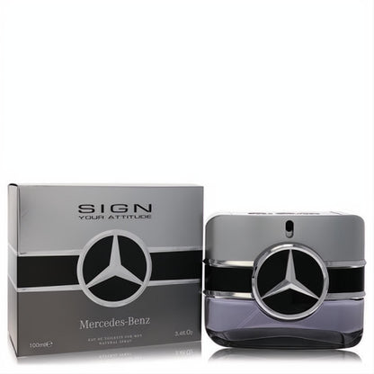 Elegant Mercedes-Benz Sign Your Attitude 3.4 oz EDT spray. Sleek silver bottle with bold star logo and lavender liquid.
