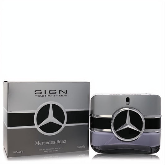 Elegant Mercedes-Benz Sign Your Attitude 3.4 oz EDT spray. Sleek silver bottle with bold star logo and lavender liquid.