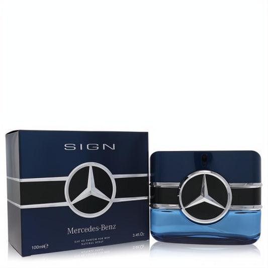 Mercedes-Benz Sign Eau De Parfum for men. Elegant 3.4 oz blue glass spray bottle with iconic silver star logo and coordinating dark blue box.