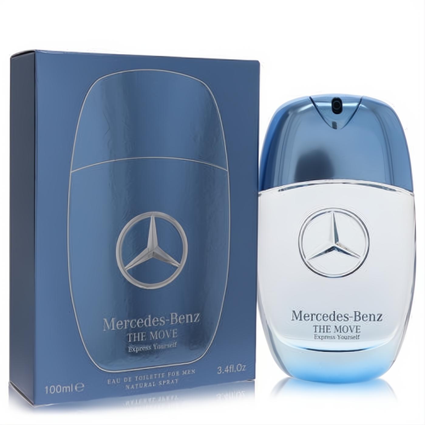 Mercedes-Benz The Move Express Yourself 3.4 oz men's EDT. Sleek bottle with white to blue gradient and iconic silver star logo.