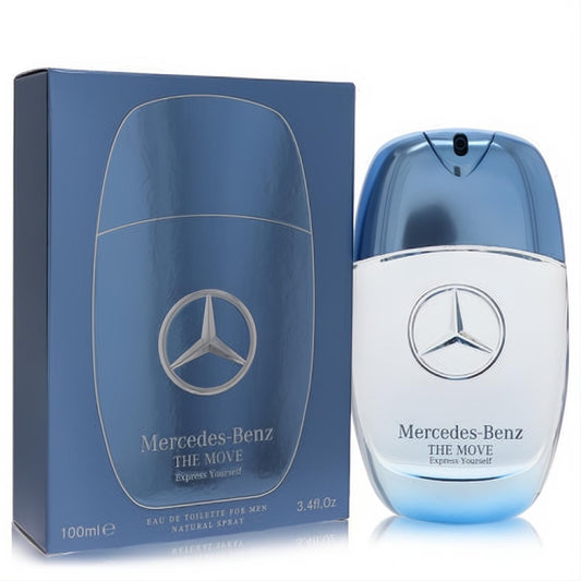 Mercedes-Benz The Move Express Yourself 3.4 oz men's EDT. Sleek bottle with white to blue gradient and iconic silver star logo.
