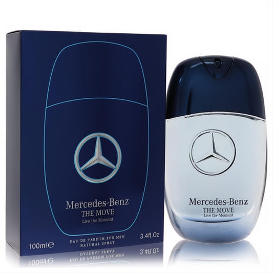 Mercedes-Benz The Move Live The Moment 3.4 oz men's EDP. Sleek blue and silver bottle with iconic logo, next to its dark blue box.