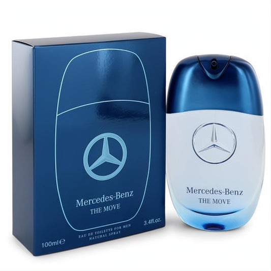 Sophisticated Mercedes-Benz The Move 3.4 oz men's EDT in a sleek blue and white oval bottle with logo, beside its dark blue box.