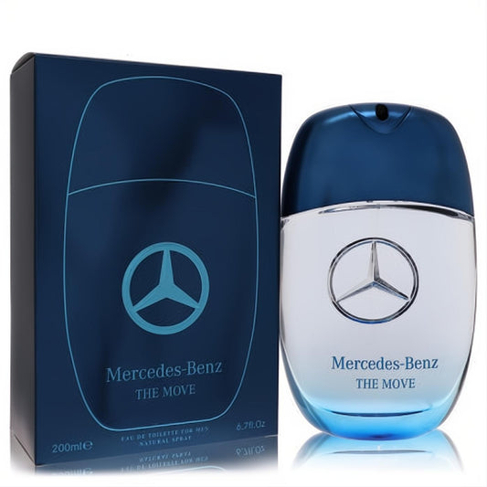 Mercedes-Benz The Move EDT for men. Sleek 6.7 oz blue and clear bottle with iconic silver logo, next to its stylish dark blue box.