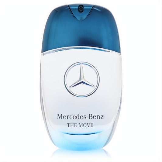 Elevate your style with Mercedes-Benz The Move men's EDT. Sleek clear glass bottle, blue gradient, metallic blue cap, iconic star logo.