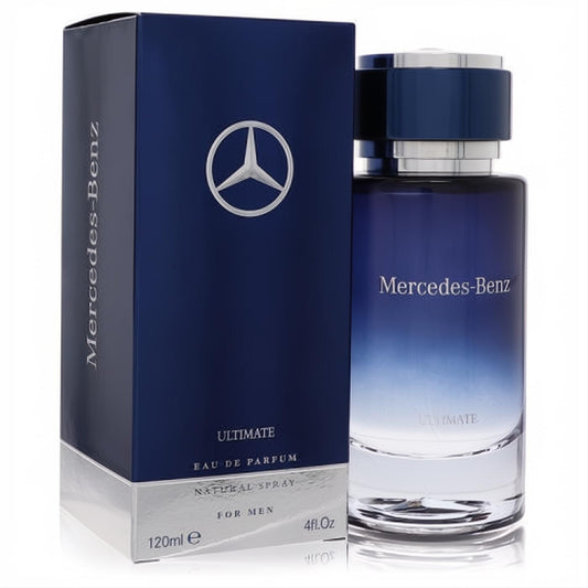 Mercedes-Benz Ultimate 4 oz Eau De Parfum for Men. Sleek dark blue fading glass bottle, matching box with iconic logo.