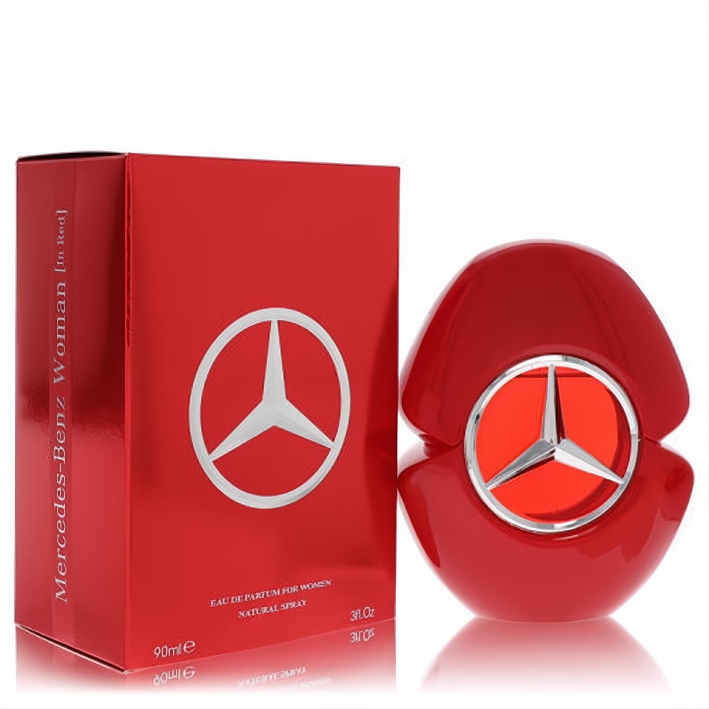 Elegant Mercedes-Benz Woman In Red 3 oz Eau De Parfum spray. Features a sleek, glossy red bottle with an iconic silver star logo and matching box.