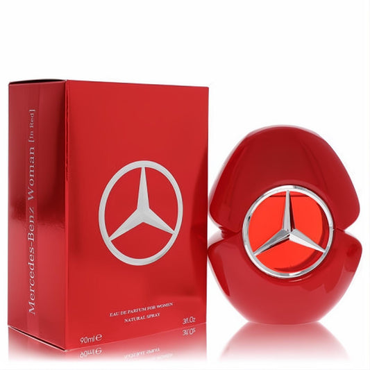 Elegant Mercedes-Benz Woman In Red 3 oz Eau De Parfum spray. Features a sleek, glossy red bottle with an iconic silver star logo and matching box.