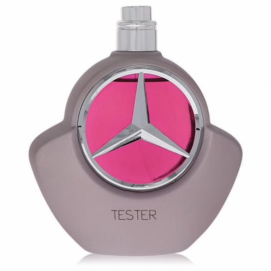 Mercedes Benz Woman Eau De Parfum Tester. Sleek gray bottle, silver cap, iconic logo, and vibrant pink accent.