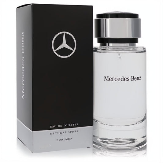 Sophisticated Mercedes-Benz Eau De Toilette for men, 4 oz clear glass bottle with sleek silver cap, presented with its iconic black and silver logo box.