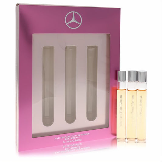 Vibrant Mercedes Benz Woman 3x 0.34oz Eau De Parfum rollerball gift set. Pink box, silver logo, three amber vials.