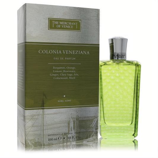 Merchant of Venice Colonia Veneziana 3.4 oz EDP. Striking lime green bottle with unique textured glass, beside its elegant olive box.