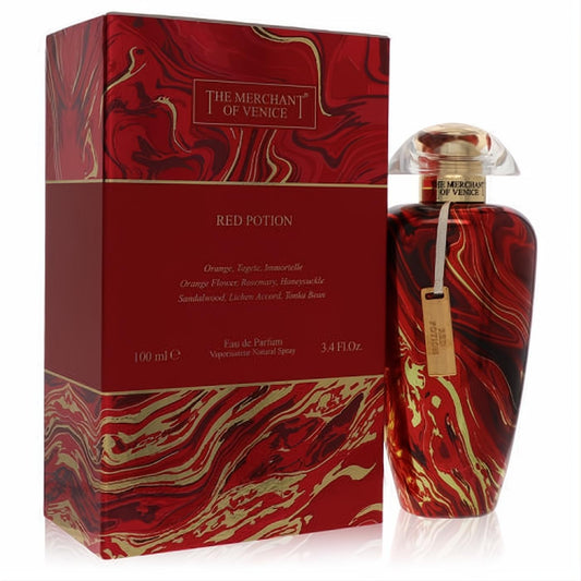 Elegant Merchant of Venice Red Potion 3.4 oz unisex EDP spray. Features a luxurious red and gold swirling marble bottle and matching box.
