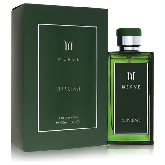 Discover Merve Supreme Unisex Eau De Parfum 3.4 oz. Elegant dark green rectangular bottle and box with silver cap.