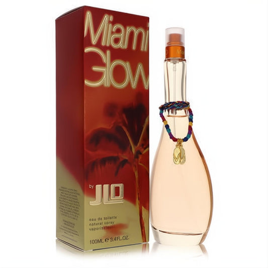 Vibrant Miami Glow by JLO 3.4 oz Eau de Toilette. Peach fragrance in a clear bottle with a colorful flip-flop charm, next to a tropical box.