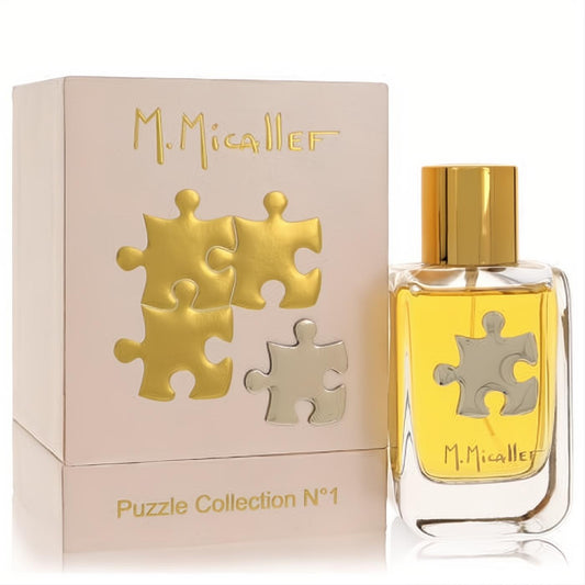 Micallef Puzzle Collection No 1 EDP 3.3 oz. Clear bottle, golden liquid, gold cap, silver puzzle piece, and elegant pink box with gold puzzle art.