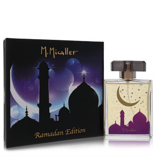 Elegant Micallef Ramadan Edition fragrance. Black box & clear glass bottle with stunning purple mosque & gold moon design.