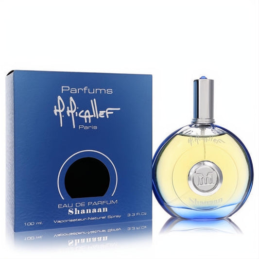 Micallef Shanaan 3.3 oz EDP spray: luxurious round glass bottle with golden fragrance, blue base, and elegant blue box.