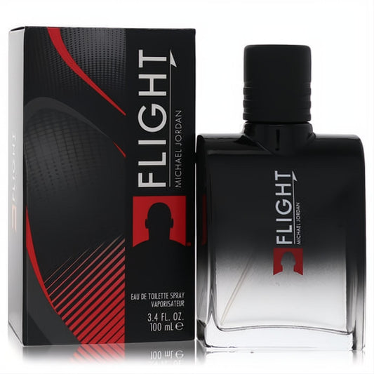Michael Jordan Flight 3.4 oz EDT spray. Sleek black and clear bottle with bold red accents and matching dynamic box.