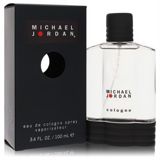 Michael Jordan 3.4 oz men's cologne spray. Clear glass bottle with black cap, ribbed base, and sleek black box.